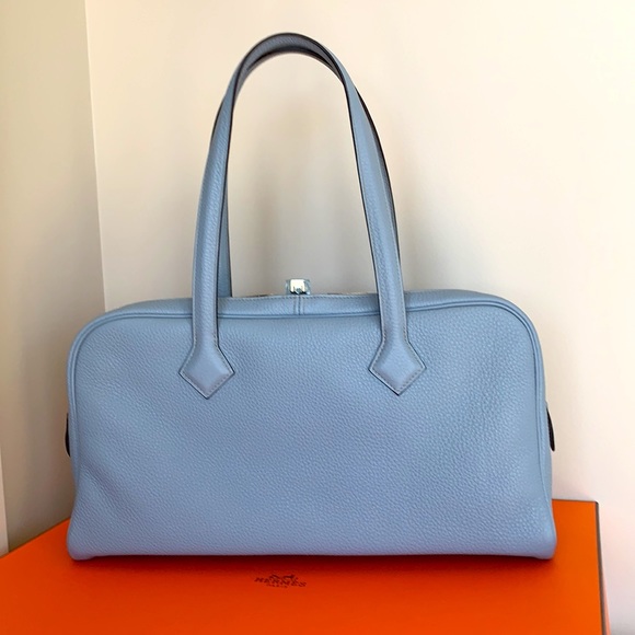 Hermes Victoria Elan 38cm Ceil light blue clemence leather shoulder bag new box - Picture 7 of 16